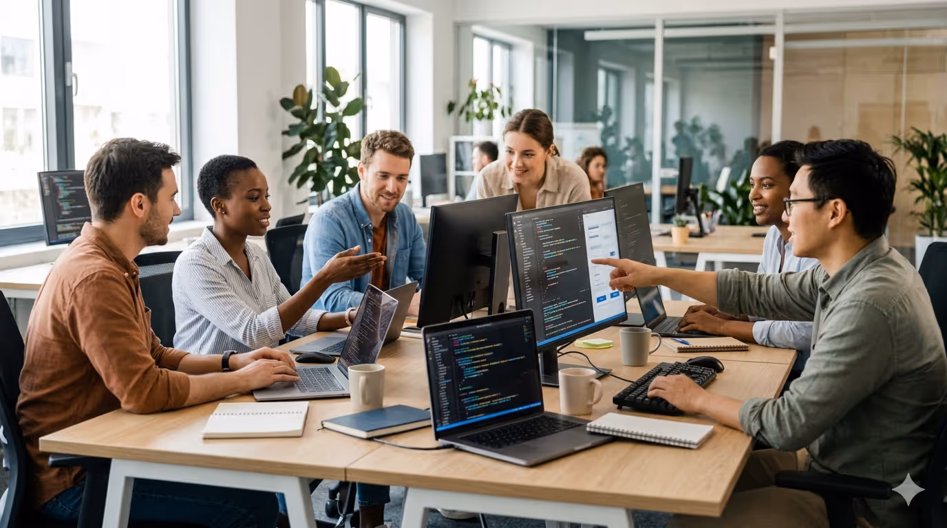 Team di sviluppatori al lavoro su applicazioni mobile.